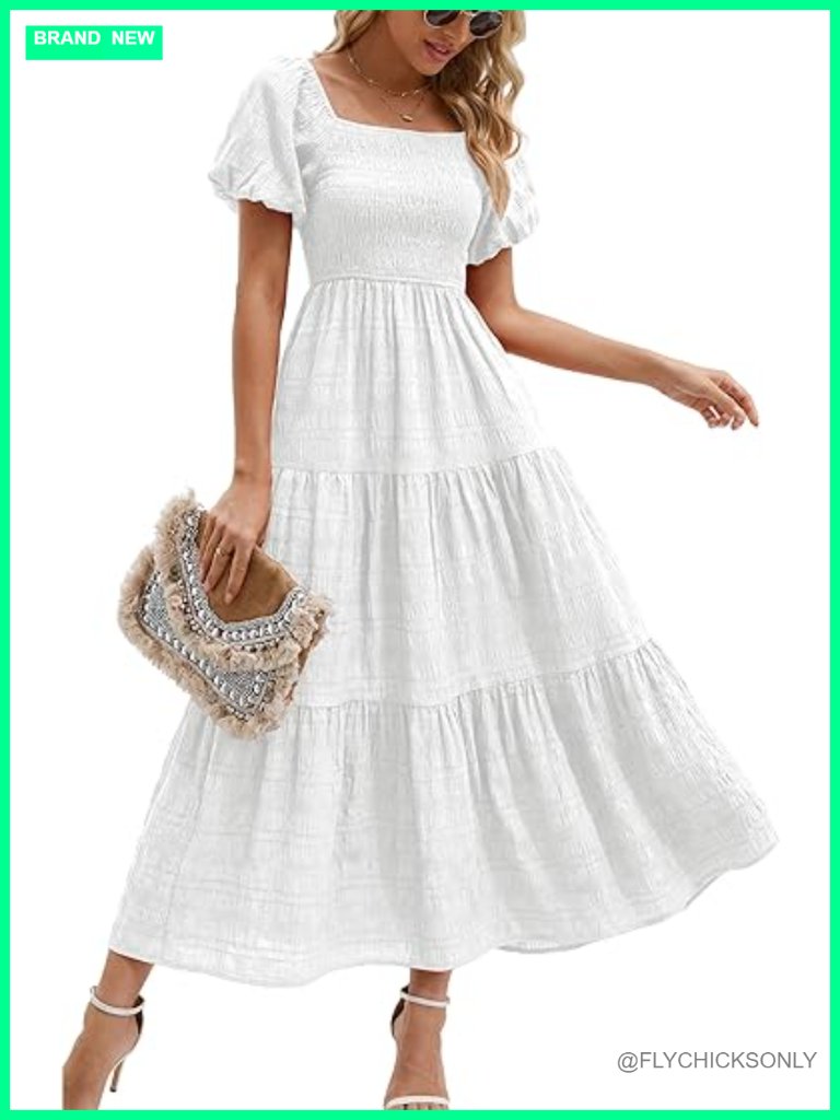 Puff Short Sleeve Maxi Dress Square Neck Smocked Tiered Ruffle A Line Flowy